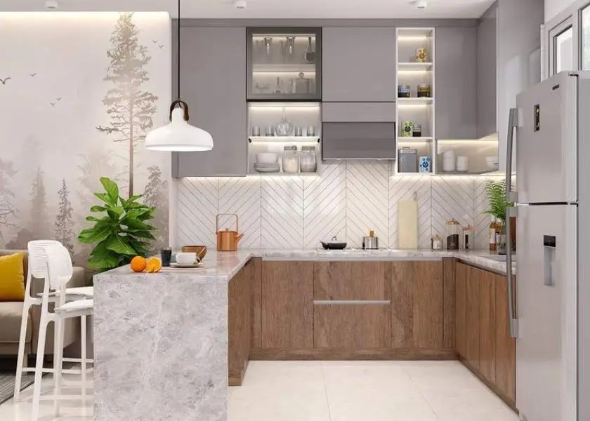 Mini Bar Dapur Kecil Warna Abu Muda dan Greige